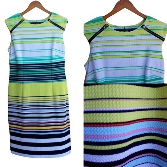 Retro Karin Stevens Zipper Accent Textured Sheath Dress Bright Striped Sz 12 - Picture 4 of 13